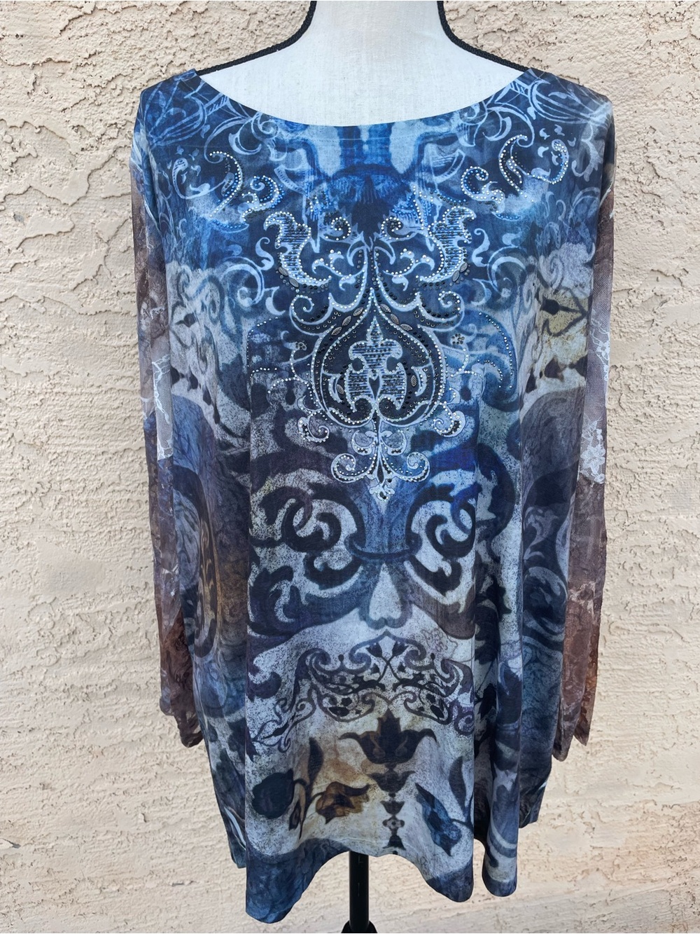Dressbarn tunic sublimation sheer burnout floral lace witchy dark fairy blue 3X